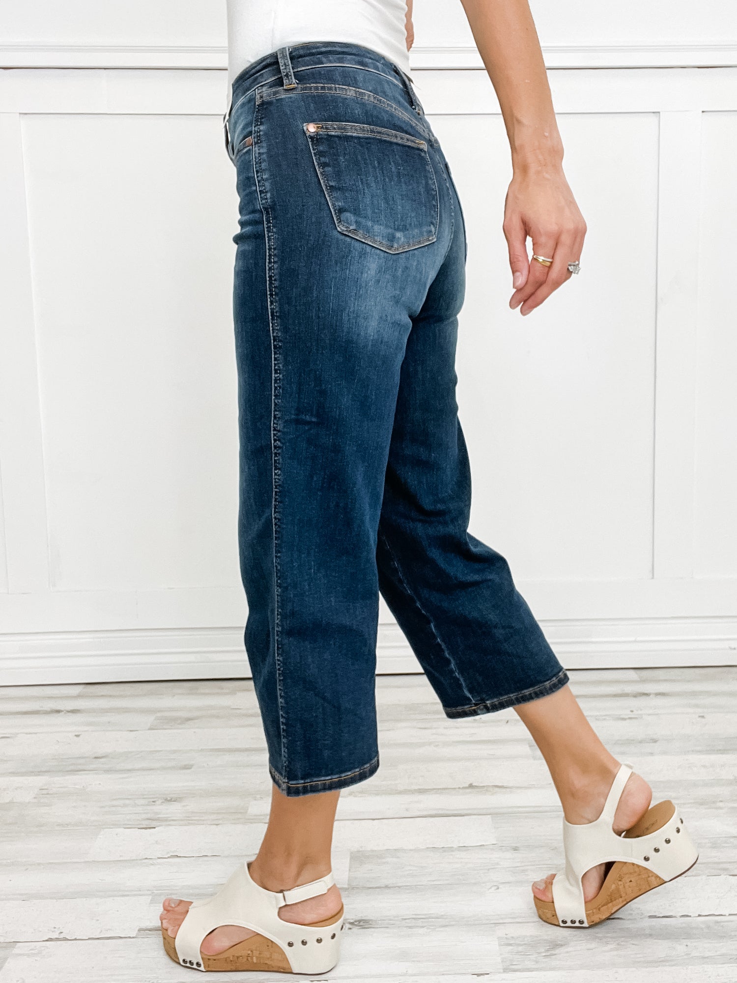Mid-Rise Tummy Control Crop Wide Leg Denim Jeans