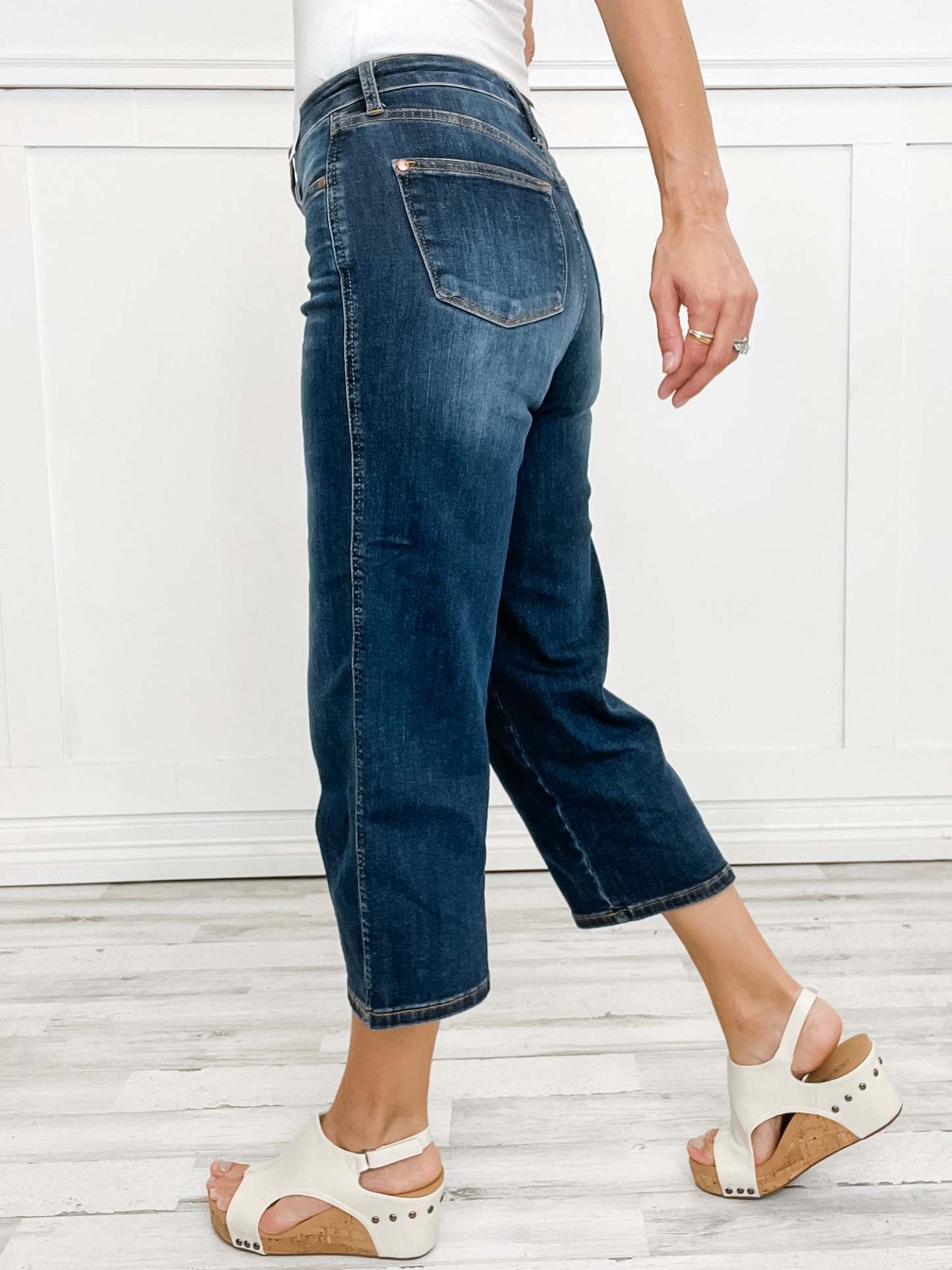 Mid-Rise Tummy Control Crop Wide Leg Denim Jeans