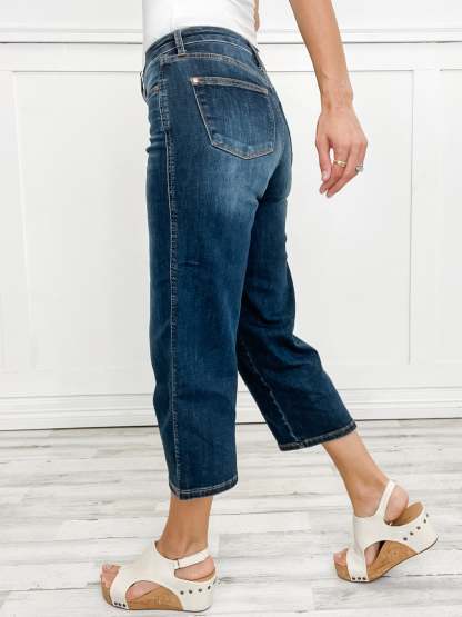 Mid-Rise Tummy Control Crop Wide Leg Denim Jeans