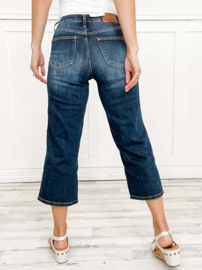 Mid-Rise Tummy Control Crop Wide Leg Denim Jeans