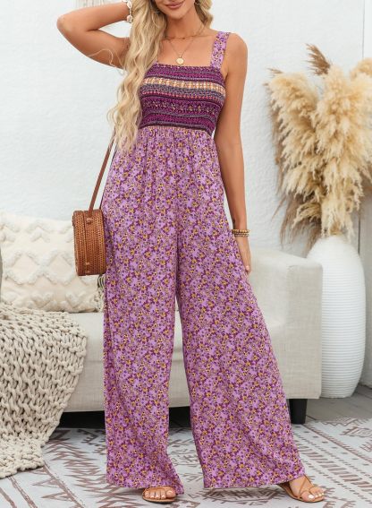 Womens Overalls Casual Floral Print Sleeveless Jumpsuit with Pockets
