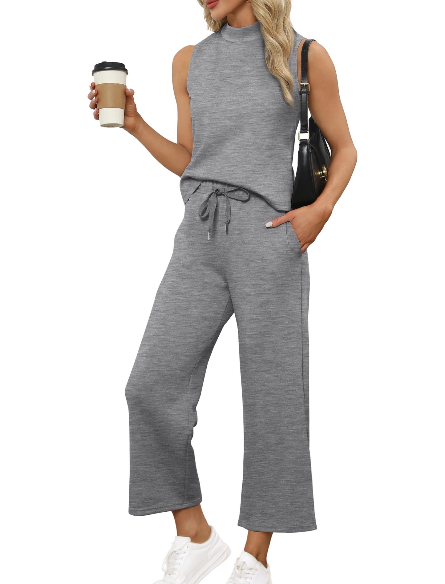 Women's Mock Neck Tops Wide Leg Crop Pants Two Piece Sets