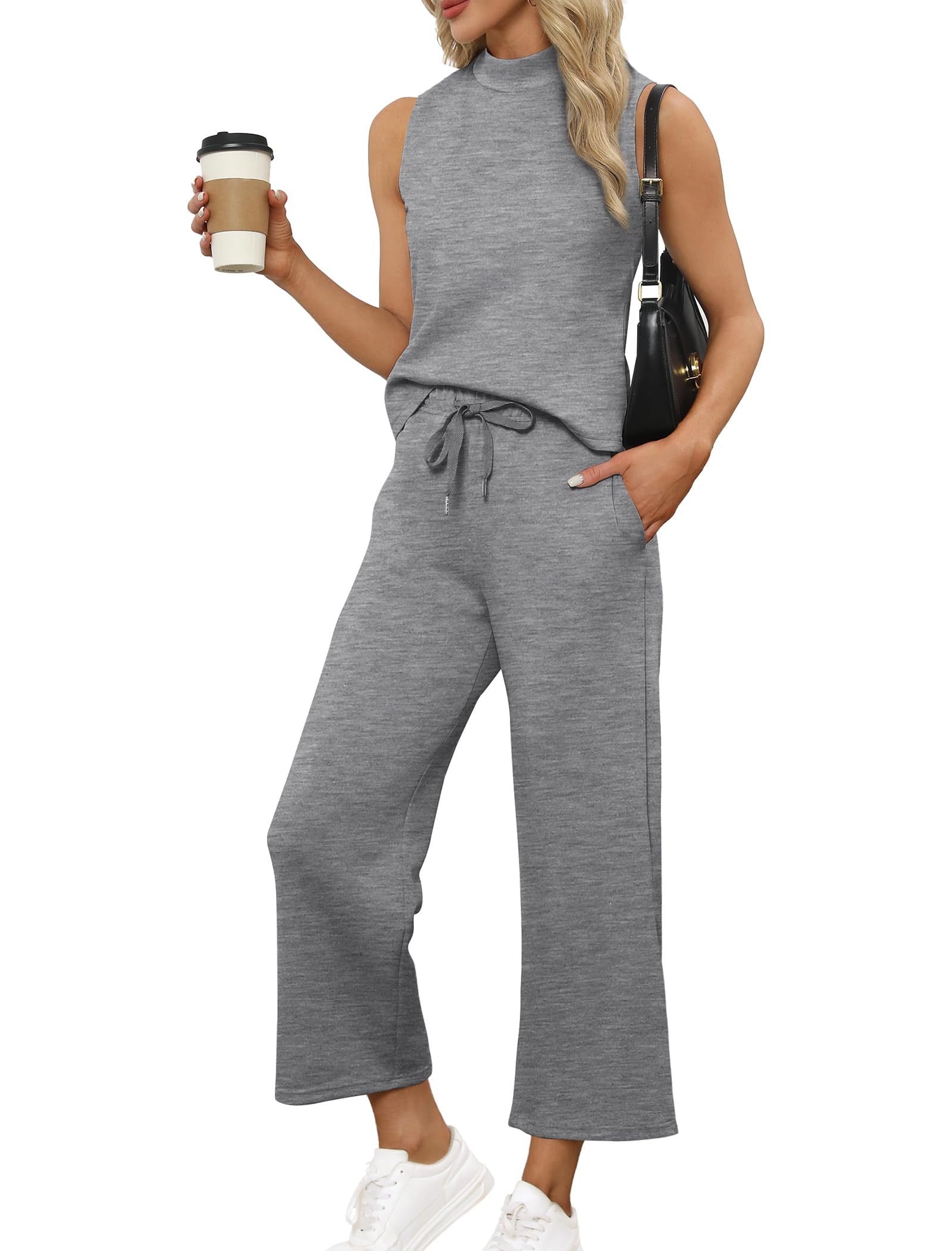 Women's Mock Neck Tops Wide Leg Crop Pants Two Piece Sets