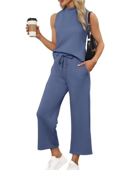 Women's Mock Neck Tops Wide Leg Crop Pants Two Piece Sets