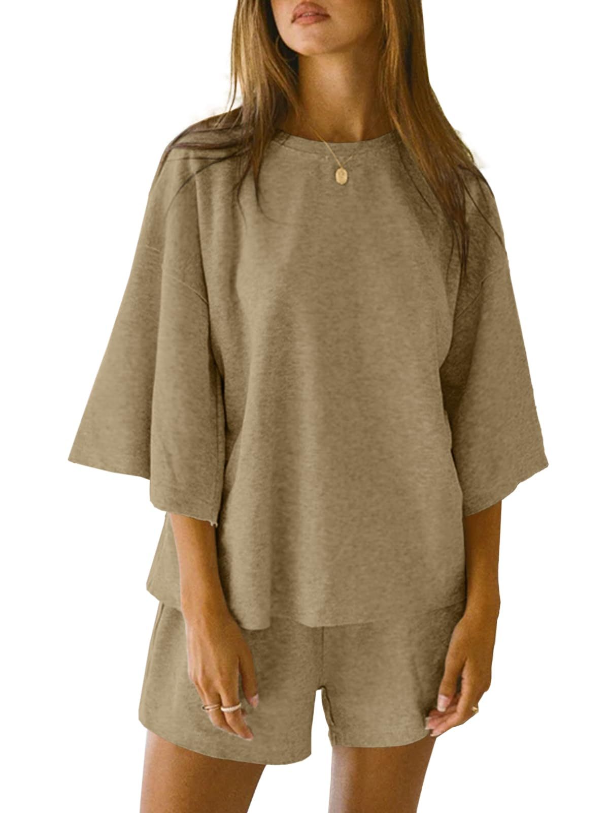 Womens 2 Piece Outfits 3/4 Sleeve Tops and Elastic Waist Shorts Lounge Sets (Buy 2 Free Shipping)