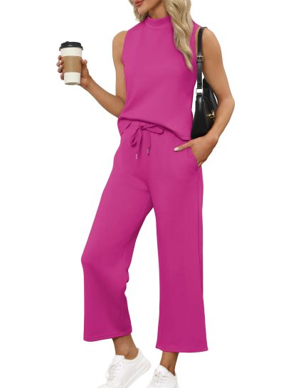 Women's Mock Neck Tops Wide Leg Crop Pants Two Piece Sets