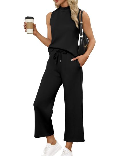 Women's Mock Neck Tops Wide Leg Crop Pants Two Piece Sets