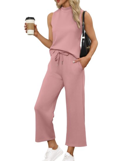 Women's Mock Neck Tops Wide Leg Crop Pants Two Piece Sets