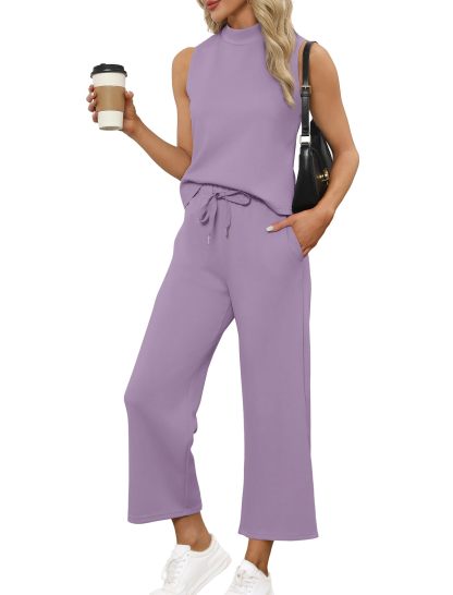 Women's Mock Neck Tops Wide Leg Crop Pants Two Piece Sets