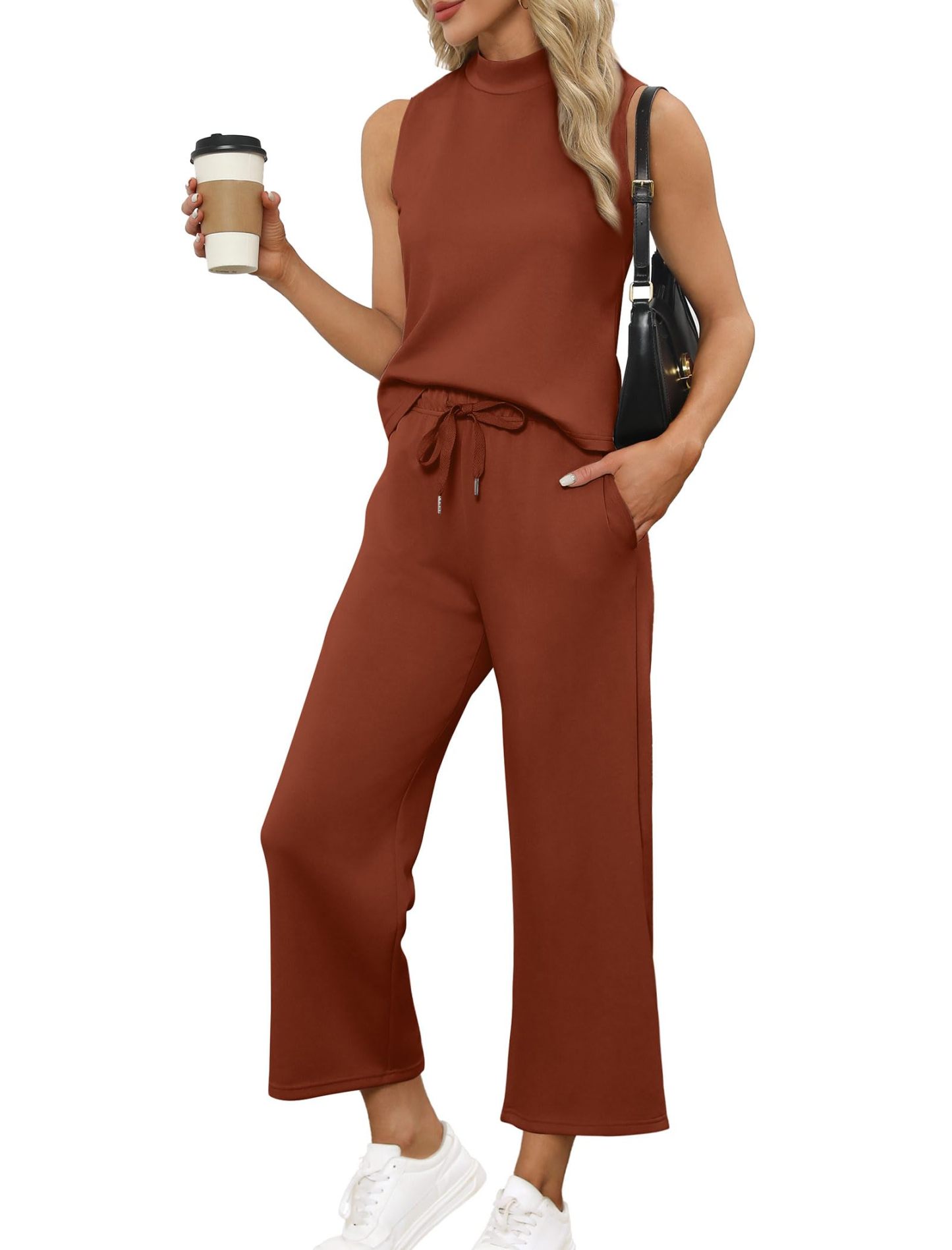 Women's Mock Neck Tops Wide Leg Crop Pants Two Piece Sets