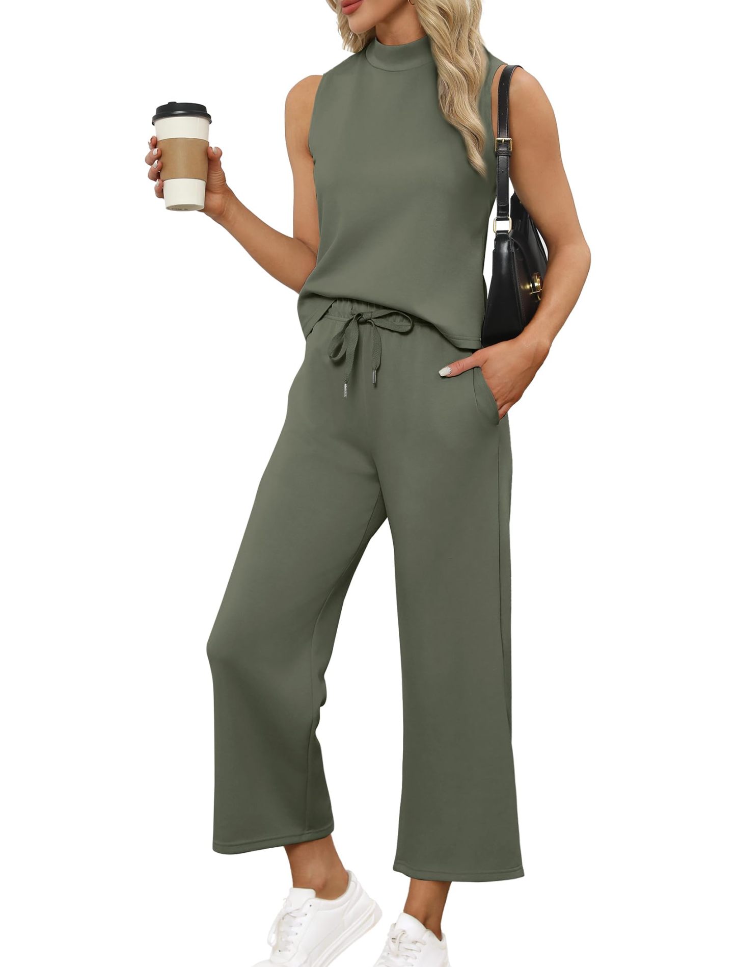 Women's Mock Neck Tops Wide Leg Crop Pants Two Piece Sets