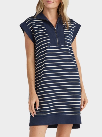Striped Knit Cap Sleeve Half-Zip Mini Dress (Buy 2 Free Shipping)