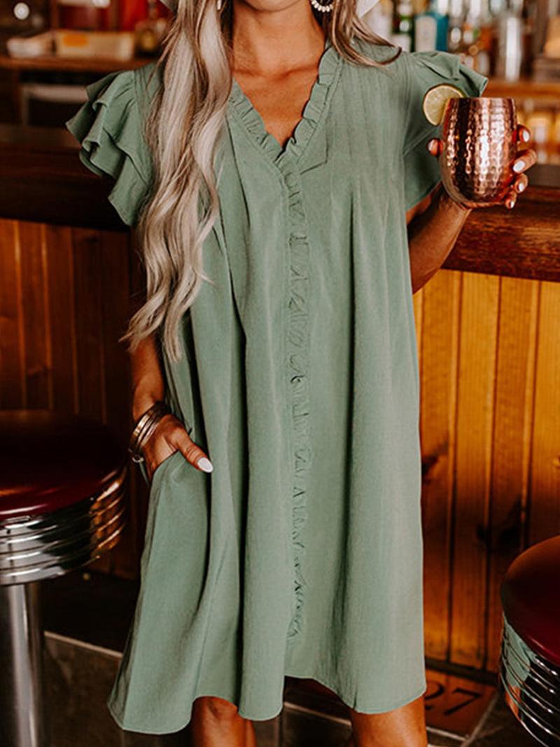 Women's Solid Color V-Neck Ruffle Dress