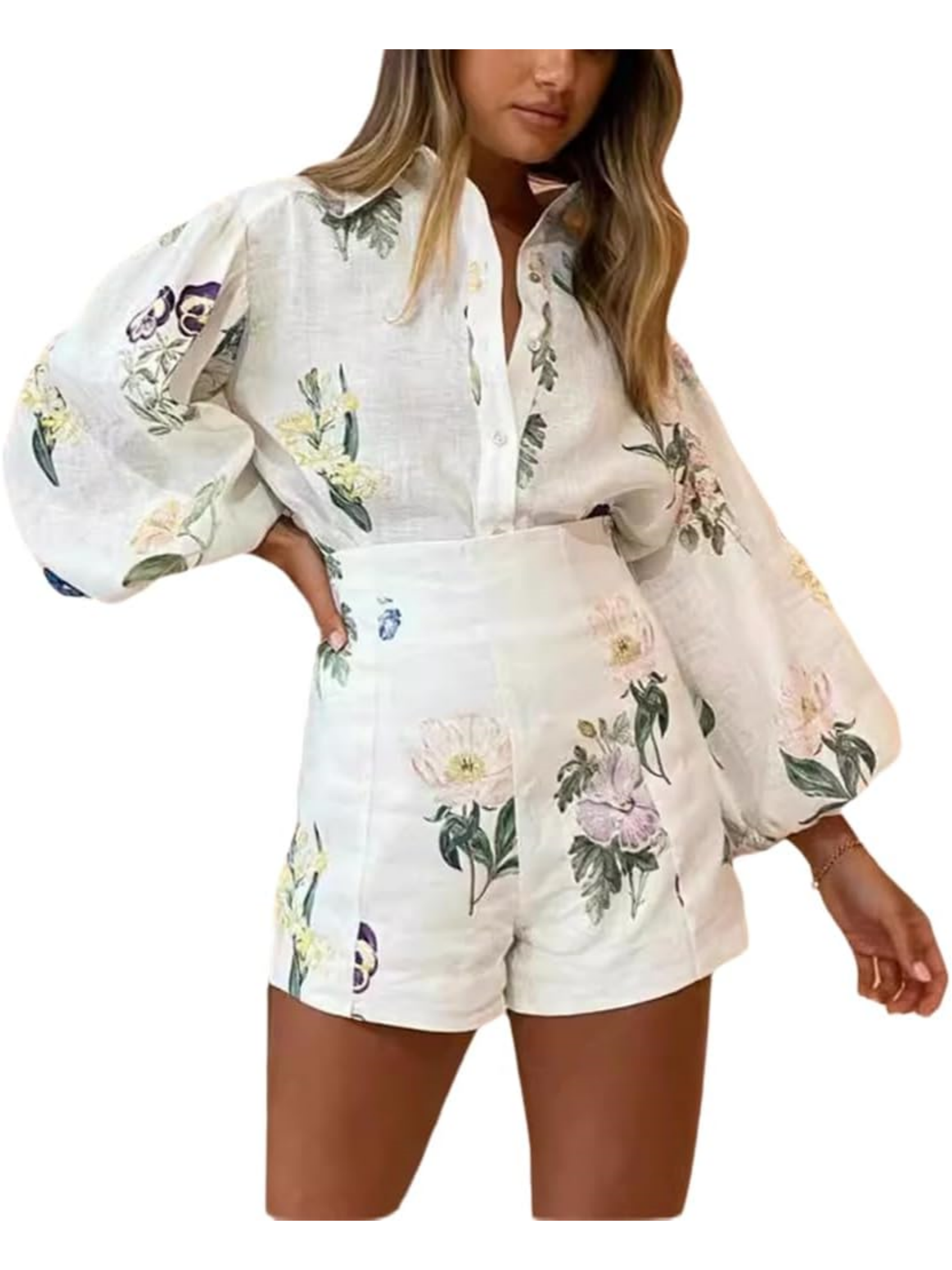 Women's Floral Lantern Sleeve Shirt High Waist Shorts Two-Piece Set