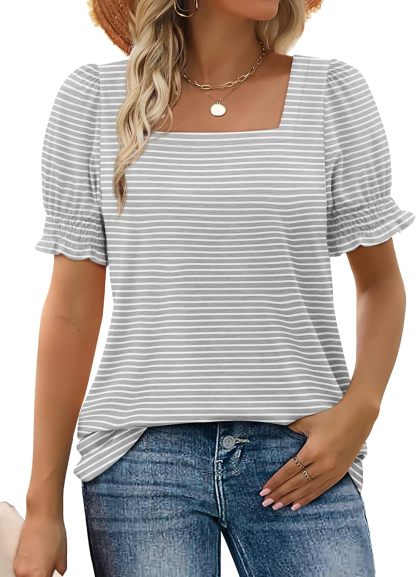 ✨Women Casual Ruffle Trim Sleeve Square Neck T Shirts(Buy 3 Free Shipping)