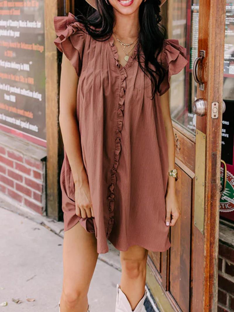 Women's Solid Color V-Neck Ruffle Dress