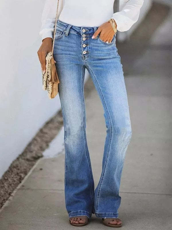 90s Vintage Button Fly Knee Distressed Flare Leg Jeans-Pink Laura