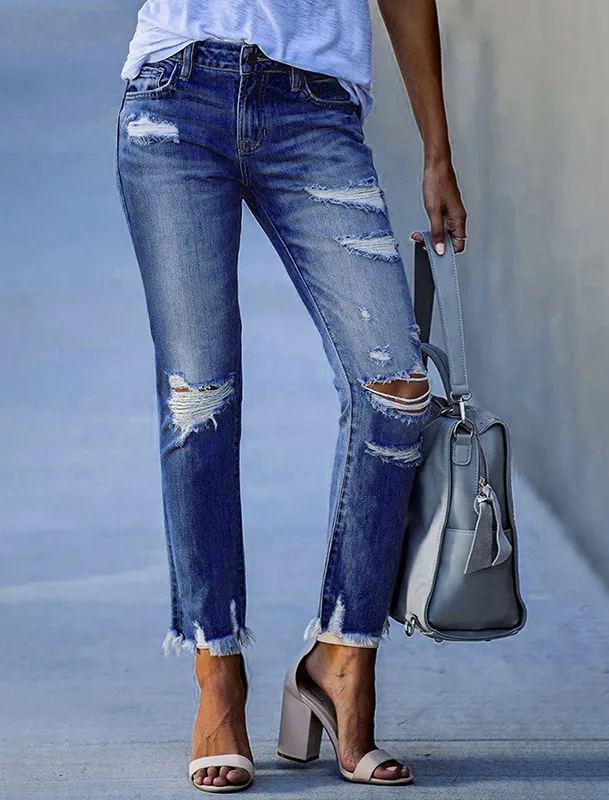 Washed Frayed Fringed Jeans-Pink Laura
