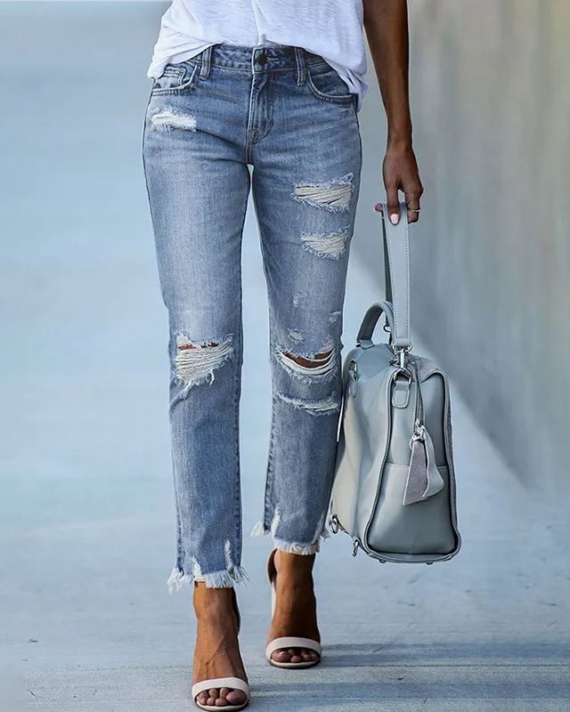 Washed Frayed Fringed Jeans-Pink Laura