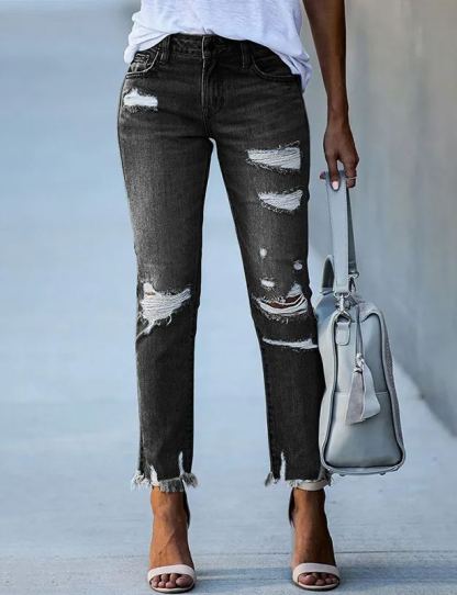 Washed Frayed Fringed Jeans-Pink Laura