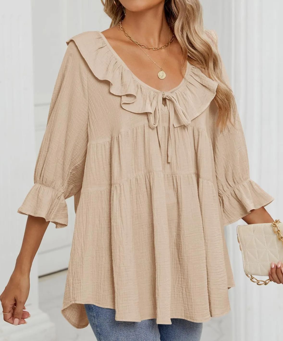 Ruffled Tie-Front Flowy 3/4 Sleeve Top Blouse (buy 2 free shipping!!!)