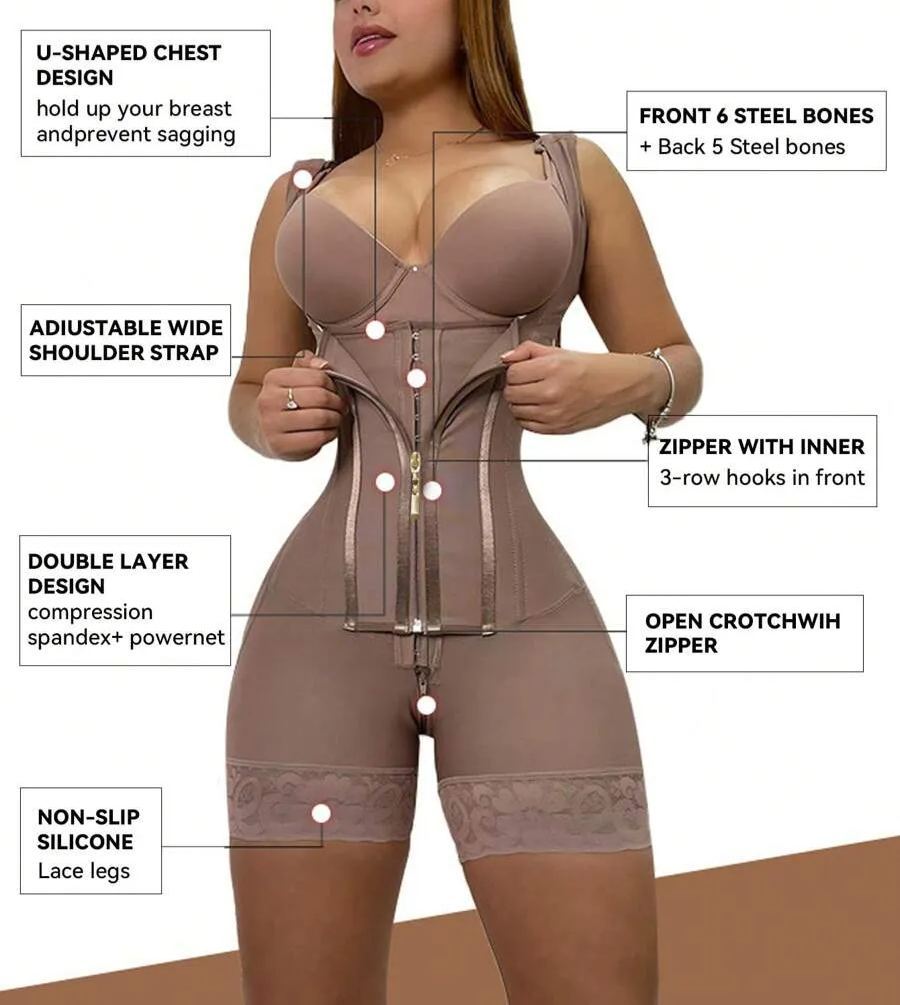 Women's Solid Color Zipper Tummy Control Corset Shaper Tops