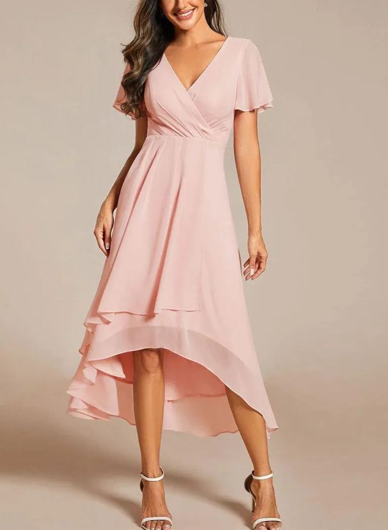 Women‘s Ruffles Sleeve Pleated V-Neck A-Line Midi Dress