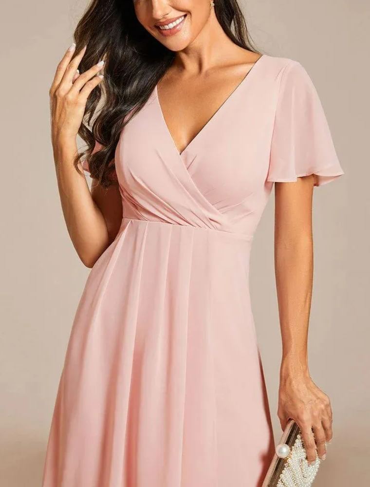 Women‘s Ruffles Sleeve Pleated V-Neck A-Line Midi Dress