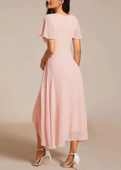 Women‘s Ruffles Sleeve Pleated V-Neck A-Line Midi Dress