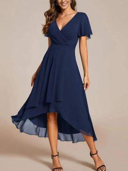 Women‘s Ruffles Sleeve Pleated V-Neck A-Line Midi Dress