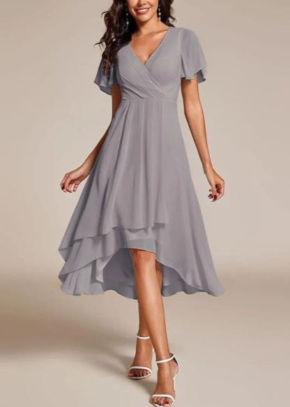 Women‘s Ruffles Sleeve Pleated V-Neck A-Line Midi Dress