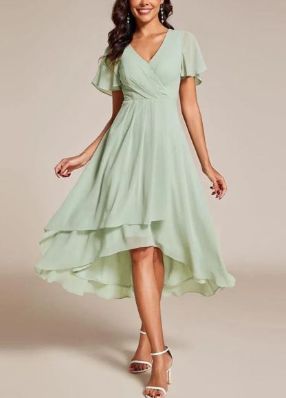 Women‘s Ruffles Sleeve Pleated V-Neck A-Line Midi Dress