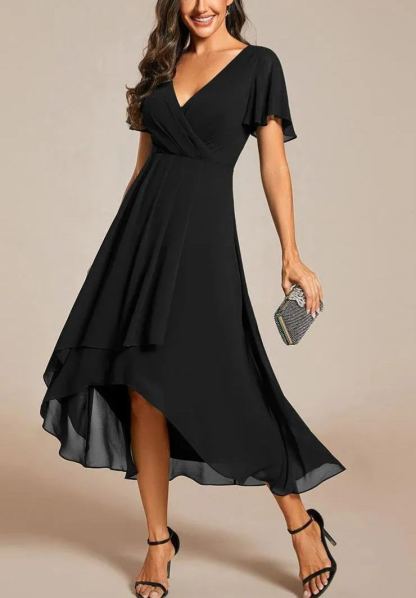 Women‘s Ruffles Sleeve Pleated V-Neck A-Line Midi Dress