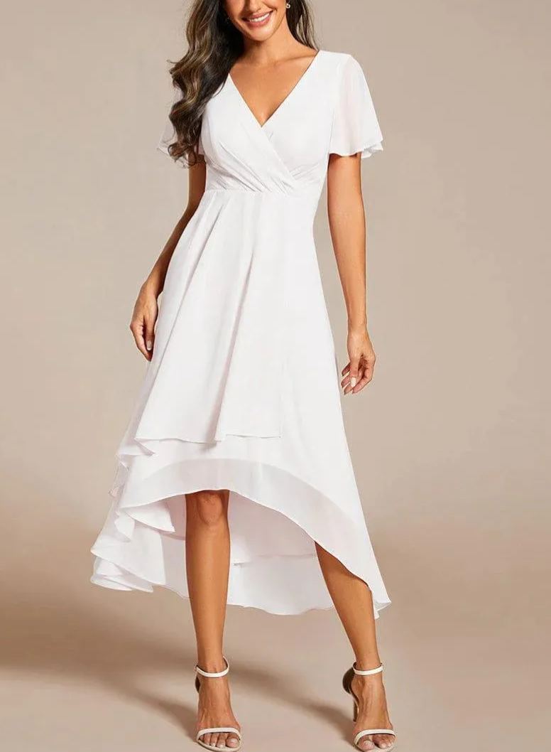 Women‘s Ruffles Sleeve Pleated V-Neck A-Line Midi Dress