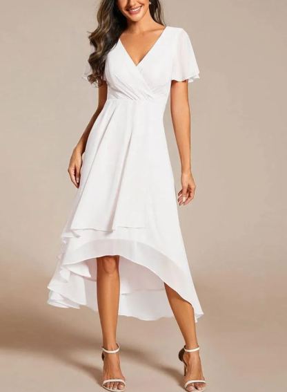 Women‘s Ruffles Sleeve Pleated V-Neck A-Line Midi Dress