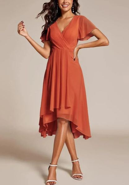 Women‘s Ruffles Sleeve Pleated V-Neck A-Line Midi Dress