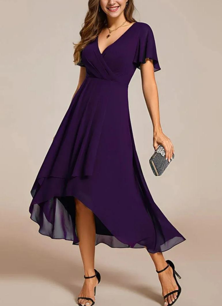 Women‘s Ruffles Sleeve Pleated V-Neck A-Line Midi Dress