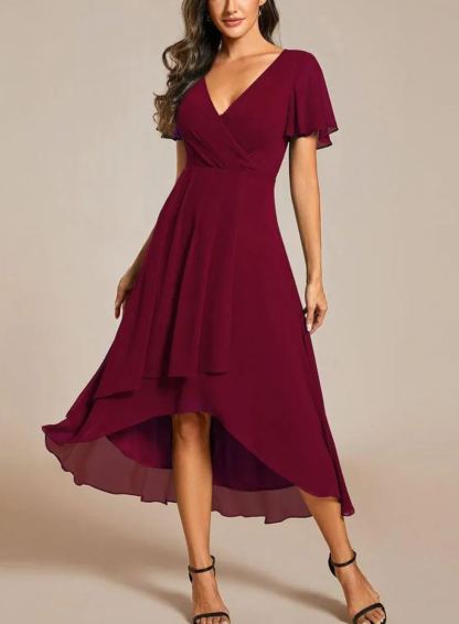 Women‘s Ruffles Sleeve Pleated V-Neck A-Line Midi Dress