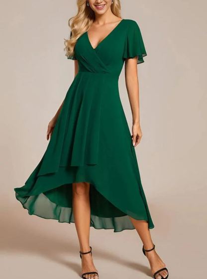 Women‘s Ruffles Sleeve Pleated V-Neck A-Line Midi Dress