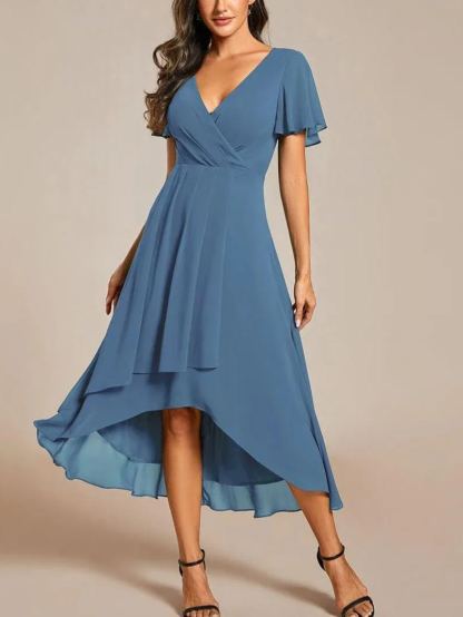 Women‘s Ruffles Sleeve Pleated V-Neck A-Line Midi Dress