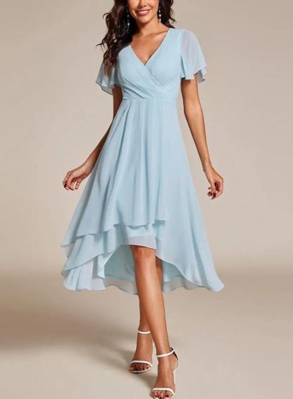 Women‘s Ruffles Sleeve Pleated V-Neck A-Line Midi Dress