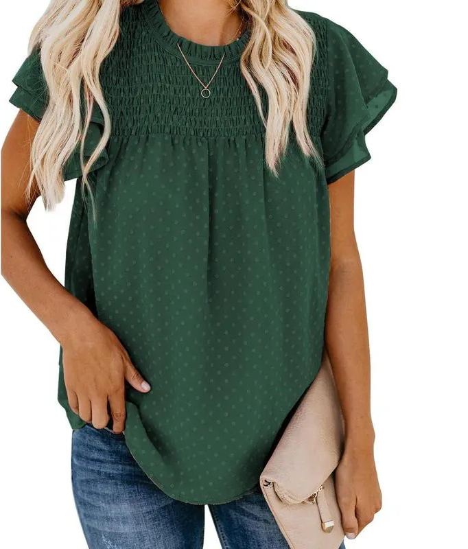 Women's Crew Neck Lace Crochet Pom Pom Short Sleeve Shirt