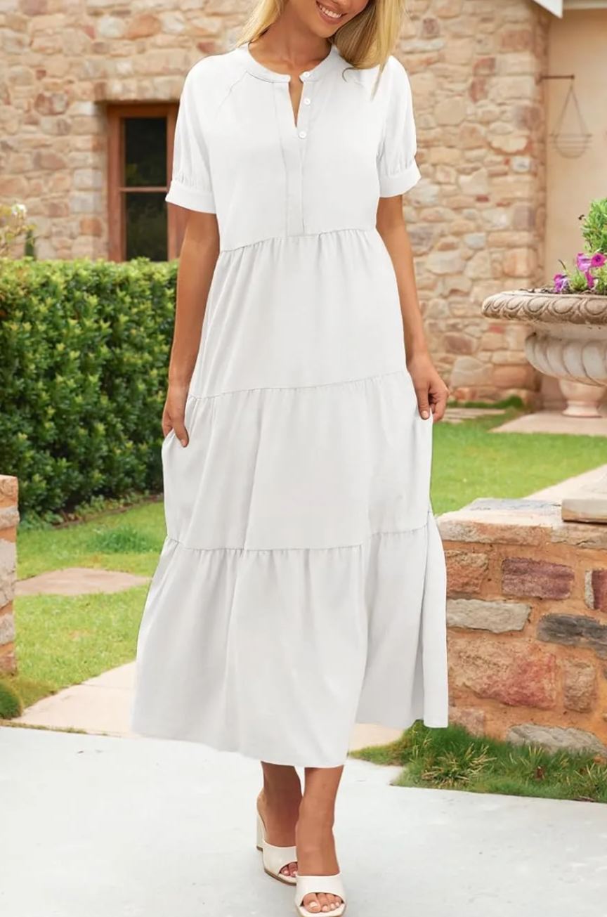 Women's Summer Button Down V Neck Ruffle Tiered Maxi Dresses