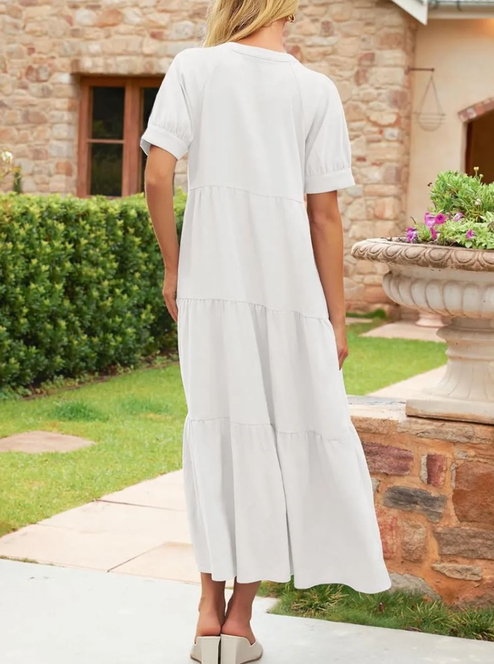 Women's Summer Button Down V Neck Ruffle Tiered Maxi Dresses