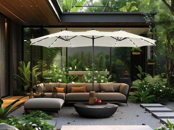 Product Introduction of PHI VILLA 15 ft Extra Large Patio Umbrella with 36 LED Lights, Metal Construction, Includes Base, Heavy Duty for Pool Garden Backyard Outdoor 19
