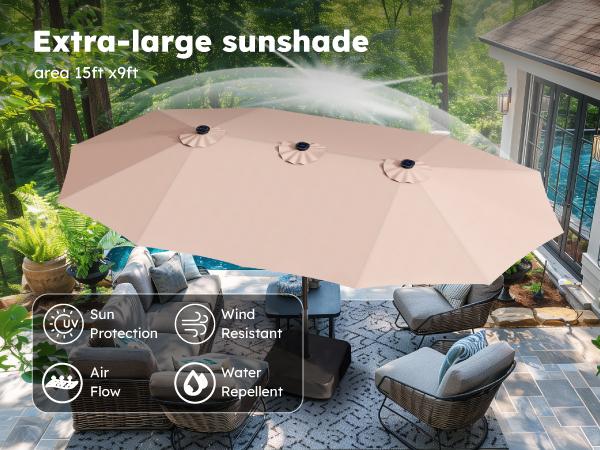 Product Introduction of PHI VILLA 15 ft Extra Large Patio Umbrella with 36 LED Lights, Metal Construction, Includes Base, Heavy Duty for Pool Garden Backyard Outdoor 17