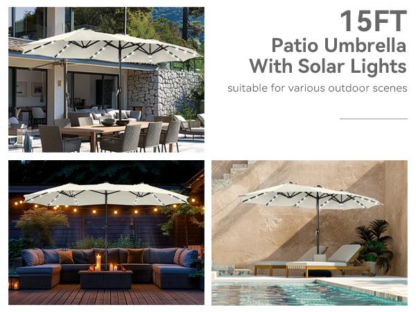 Product Introduction of PHI VILLA 15 ft Extra Large Patio Umbrella with 36 LED Lights, Metal Construction, Includes Base, Heavy Duty for Pool Garden Backyard Outdoor 3