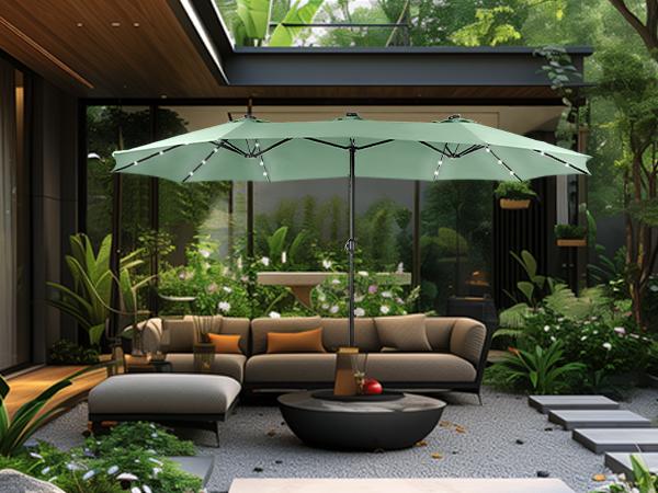 Product Introduction of PHI VILLA 15 ft Extra Large Patio Umbrella with 36 LED Lights, Metal Construction, Includes Base, Heavy Duty for Pool Garden Backyard Outdoor 18
