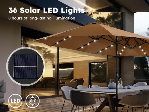 Product Introduction of PHI VILLA 15 ft Extra Large Patio Umbrella with 36 LED Lights, Metal Construction, Includes Base, Heavy Duty for Pool Garden Backyard Outdoor 12