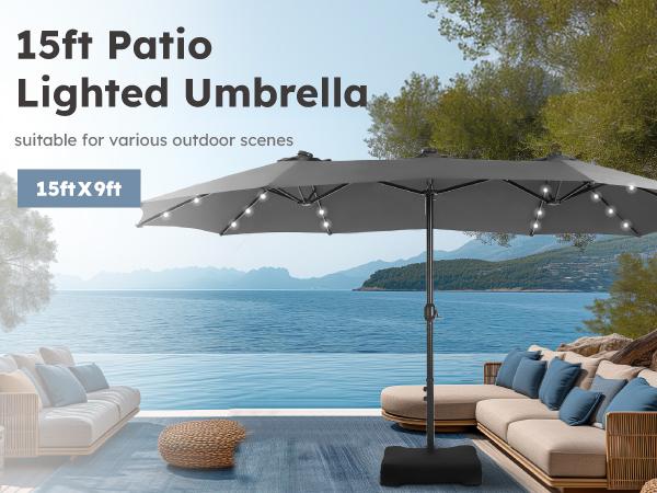 Product Introduction of PHI VILLA 15 ft Extra Large Patio Umbrella with 36 LED Lights, Metal Construction, Includes Base, Heavy Duty for Pool Garden Backyard Outdoor 15